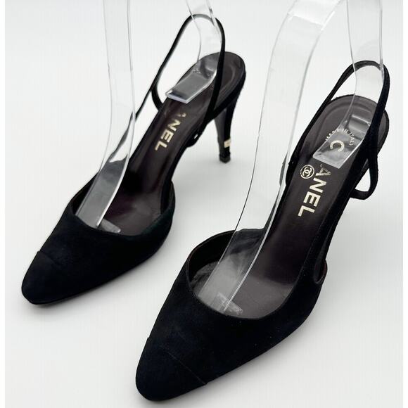 CHANEL Shoes - Chanel Slingback Heels 36.5 Black Suede Gold Cap Toe Vintage CC Logo Block Heel